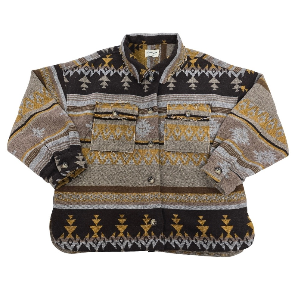 Newin Southwestern Aztec Woven Shacket Brown Mustard Yellow Oversized Medium